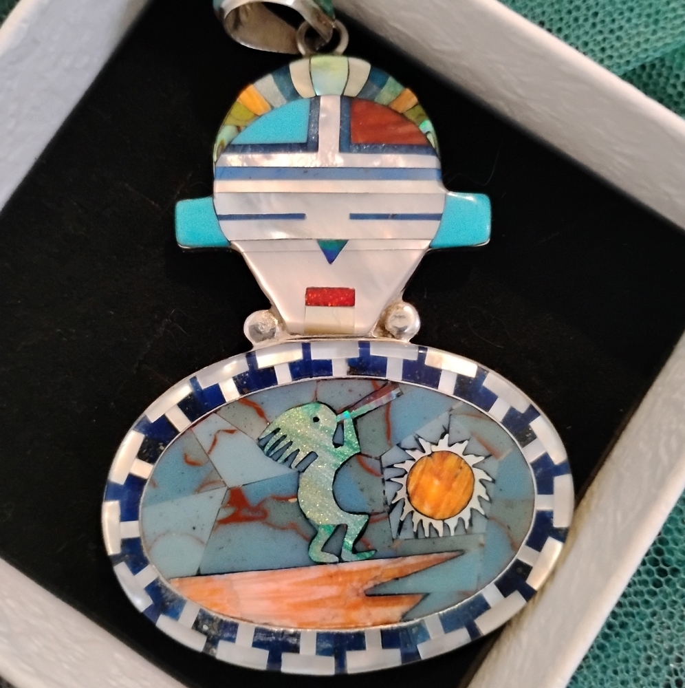 Native American Zuni Double Sided Multi Stone Inlaid In Sterling Silver Pendant